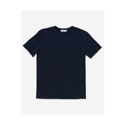 Men's navy Supima SS crewneck tee by Ace Rivington, soft cotton fabric, close-up of the fitted crewneck and smooth texture.