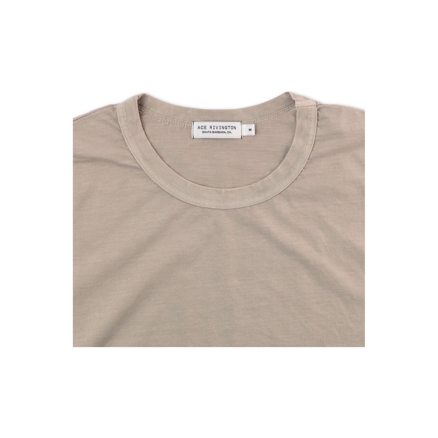 Men's Supima SS Crewneck Tee by Ace Rivington in sand, showing close-up of soft cotton fabric and classic crewneck design.