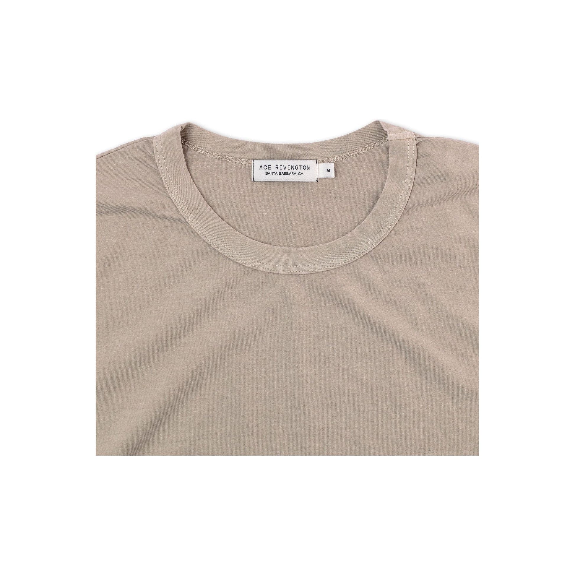 Men's Supima SS Crewneck Tee by Ace Rivington in sand, showing close-up of soft cotton fabric and classic crewneck design.