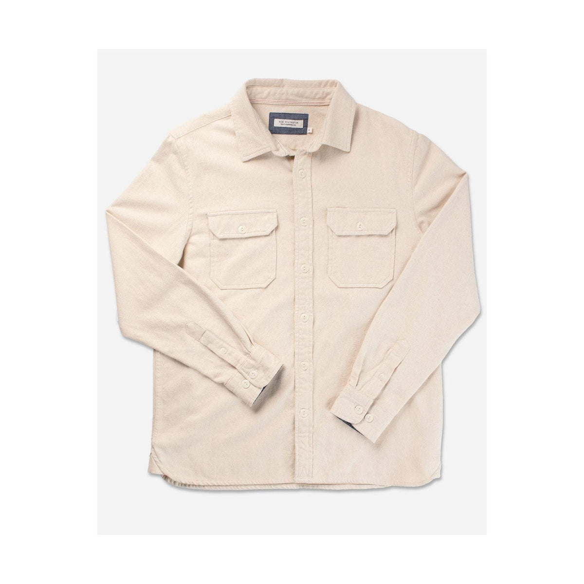 Men's utility winter flannel shirt in ecru by Ace Rivington, featuring a classic plaid pattern and button-up design.