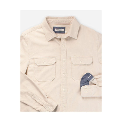 Men's utility winter flannel shirt in ecru by Ace Rivington, showing close-up detail of the fabric and design.