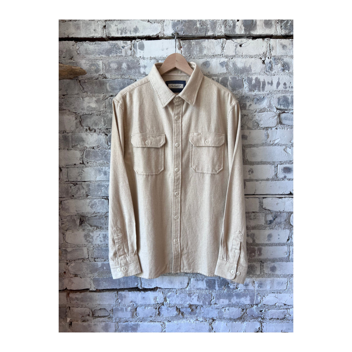 Men's utility winter flannel shirt in ecru by Ace Rivington, featuring a classic plaid pattern and warm, comfortable fabric.
