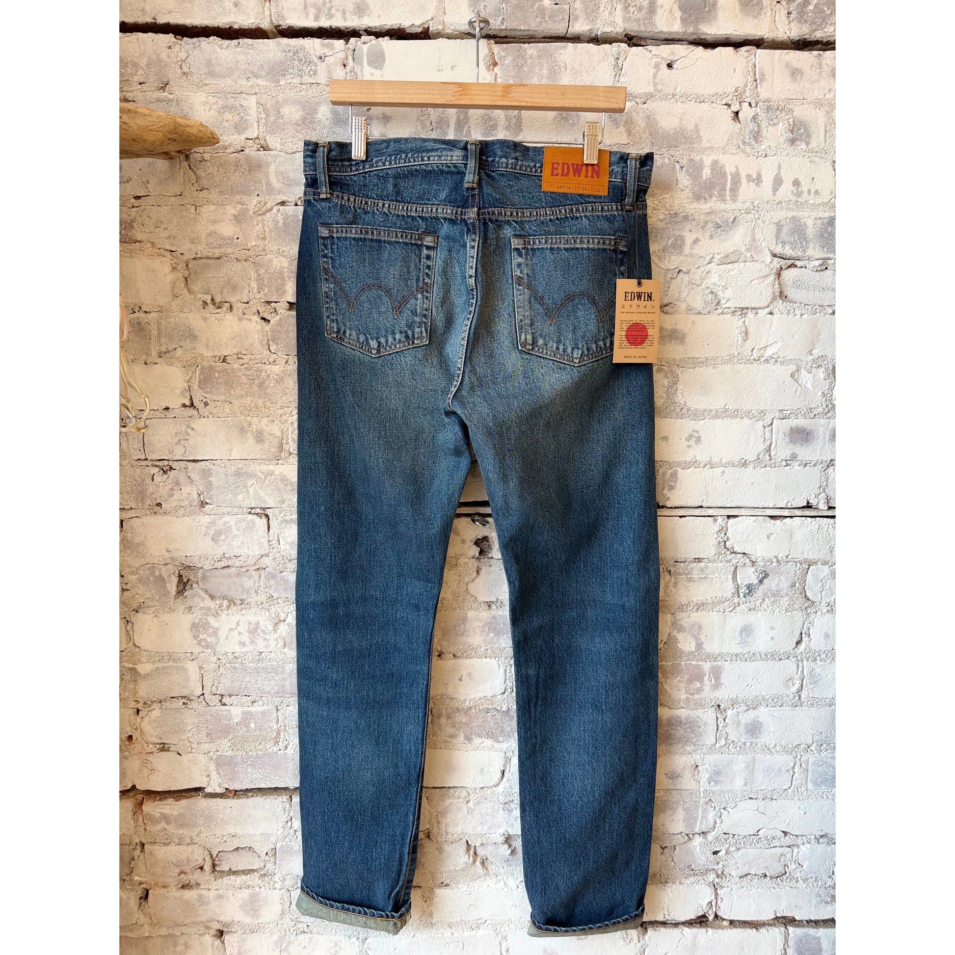 Men's Edwin Akita Regular Tapered 13.5oz selvedge jeans in Sagano denim, showing the fit and detailed fabric texture.
