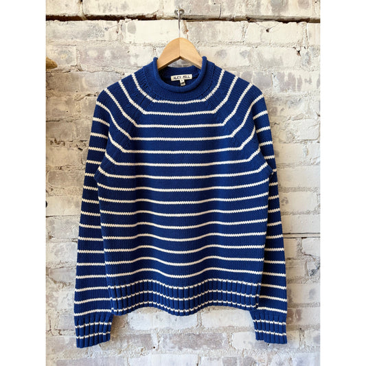Women's Alex Mill striped cotton rollneck sweater in deep royal and whipped cream, featuring a fitted, ribbed collar.