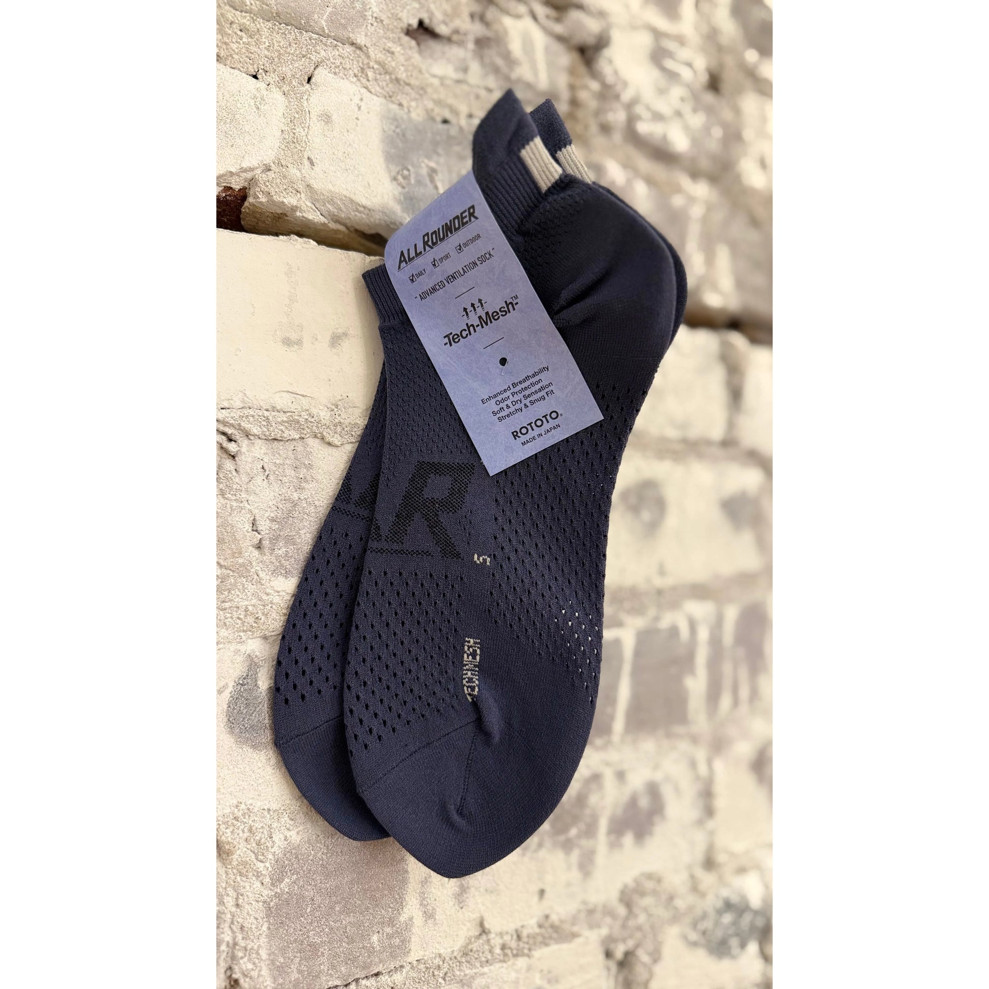 Men's Iron Blue All-Rounder Tech Mesh Ankle Socks by Rototo featuring breathable mesh fabric and snug fit.
