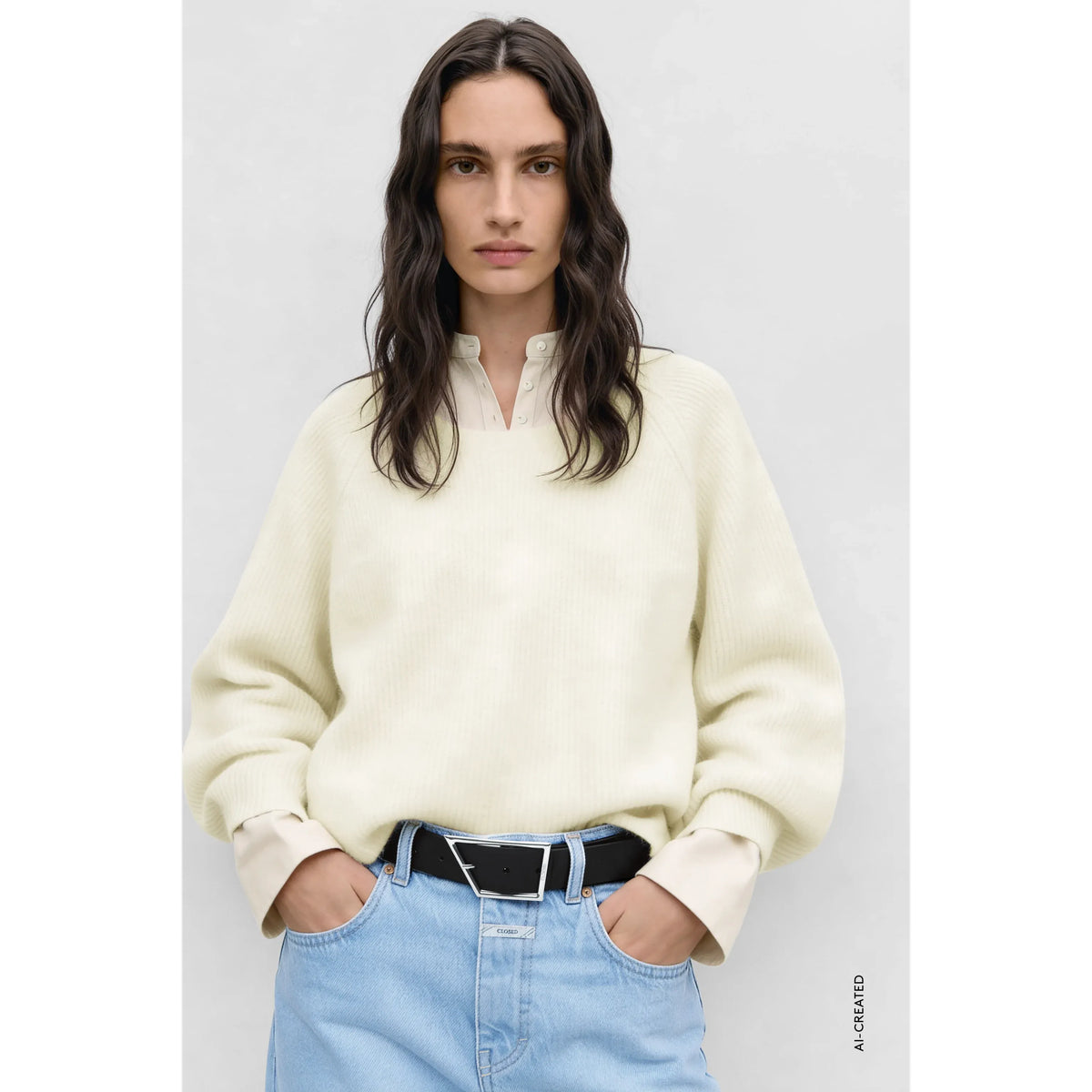 Closed Women's alpaca-wool-blend jumper in whipped cream, featuring a cozy knit texture and classic fit on a female model.