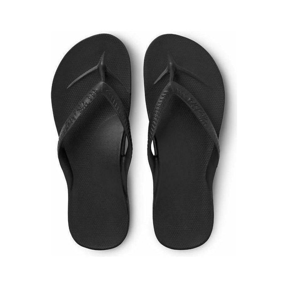 Black Archies flip-flops with arch support, featuring comfortable footbed and casual footwear design from the Archies brand.