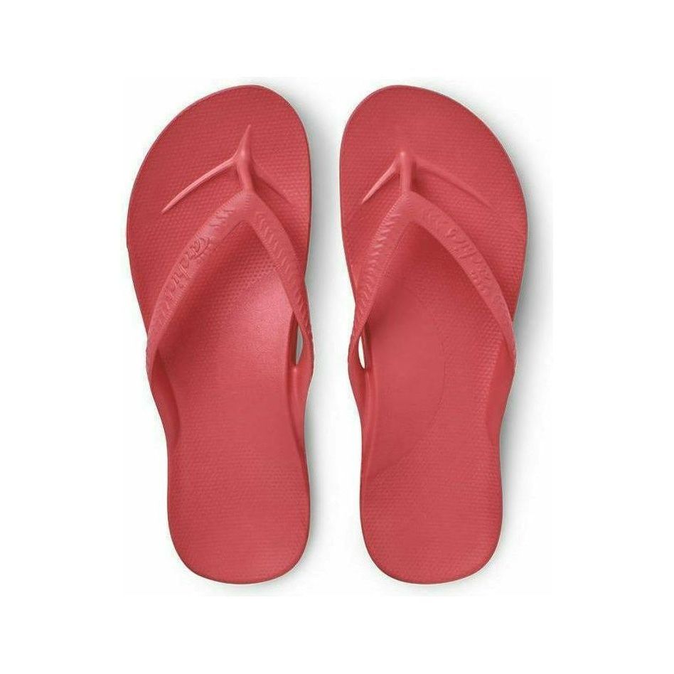 Archies M6/W7 coral flip-flops featuring arch support, casual footwear with cushioned soles and open-toe design.