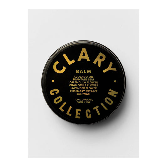 Clary Collection Avocado Balm 2oz jar, a nourishing skincare accessory with a smooth, creamy avocado-based balm in a white container.