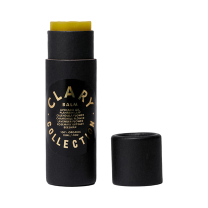 Clary Collection avocado balm stick in .3oz container, natural skincare accessory with a green balm inside a compact tube.