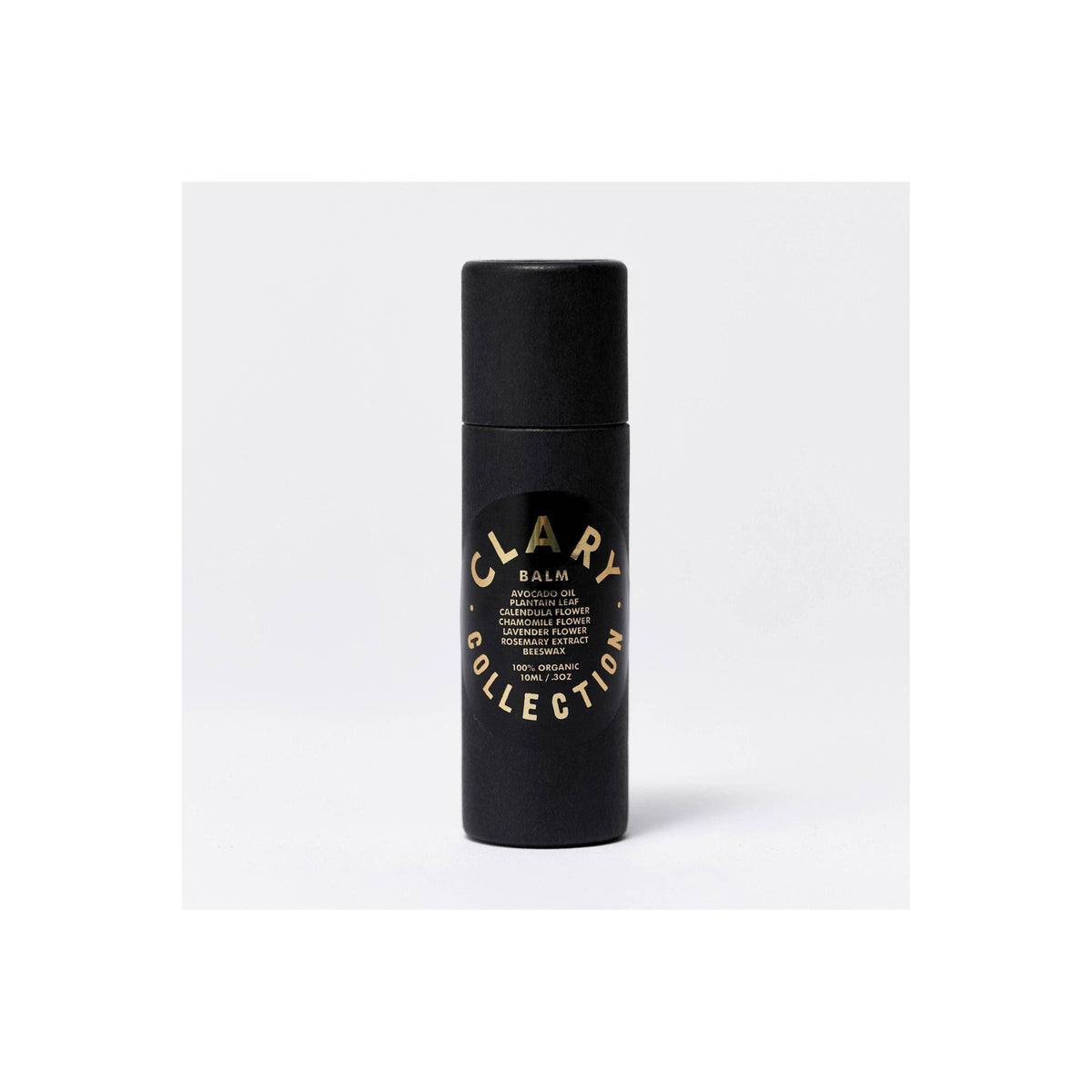Clary Collection avocado balm stick in a small, portable container with a clear label and a smooth, rounded balm surface.