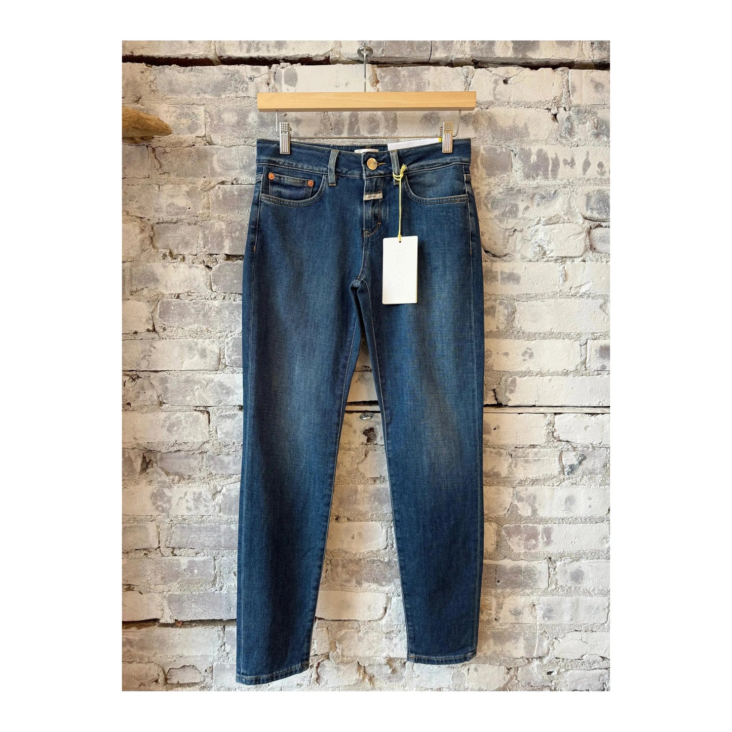 Dark blue Closed Women's Baker Skinny Jean for women, showing fitted denim style with classic five-pocket design.