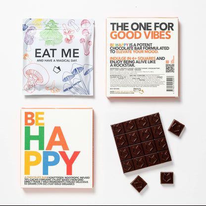 Eat Gold Organics BE HAPPY chocolate bar accessory featuring vibrant packaging and sleek design, emphasizing its functional and delicious qualities.