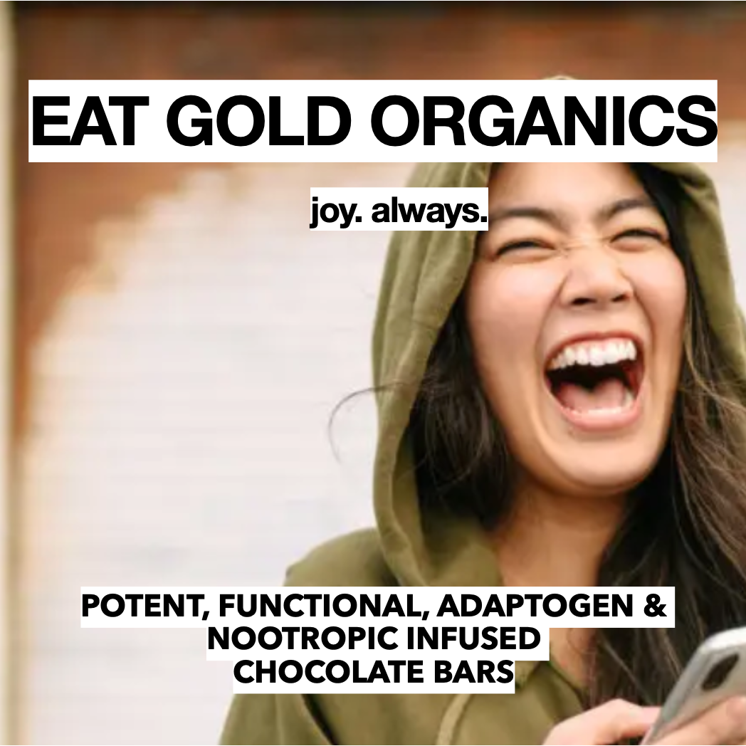 Eat Gold Organics BE HAPPY chocolate bar accessory, showcasing a delicious, functional, and potent chocolate treat with vibrant packaging.