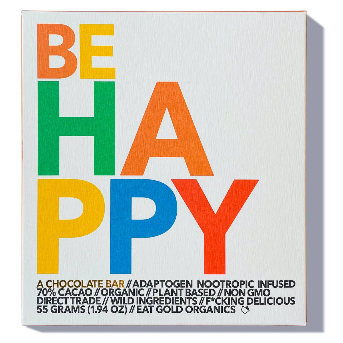 Eat Gold Organics BE HAPPY chocolate bar accessory featuring vibrant packaging with gold accents and clear branding.