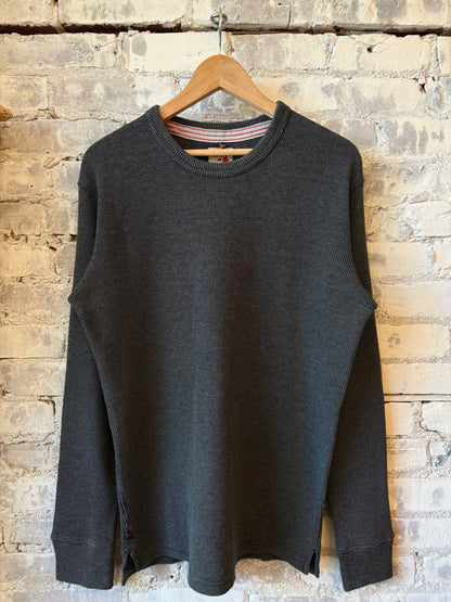 Men's Bi-Waffle Crew in Dark Charcoal by Relwen, featuring a textured waffle knit fabric and classic crew neckline.