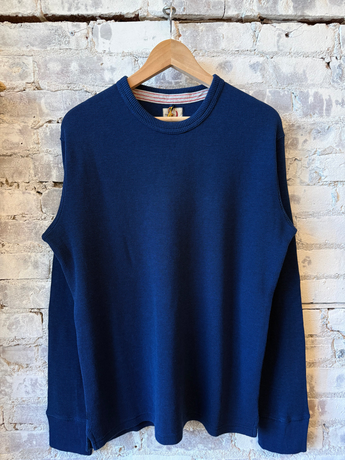Men's Bi-Waffle Crew in Dark Marine by Relwen, showing the textured waffle-knit fabric and classic crewneck design.