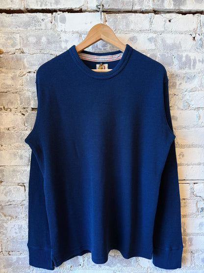 Men's Bi-Waffle Crew in Dark Marine by Relwen, showing the textured waffle-knit fabric and classic crewneck design.