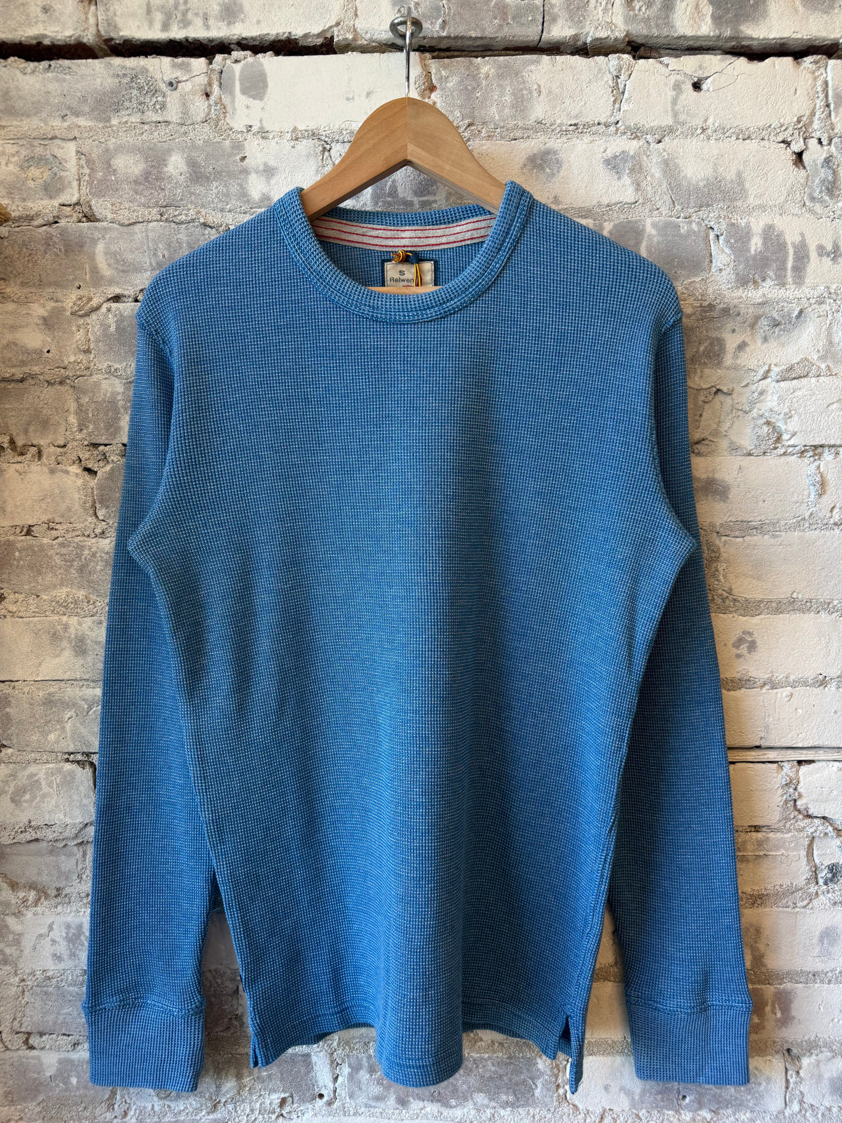 Men's Bi-Waffle Crew in French Blue by Relwen, featuring a textured waffle knit fabric and classic crew neckline.