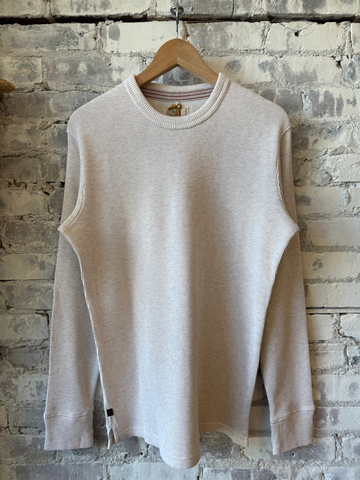 Men's Bi-Waffle Crew in Oatmeal Heather by Relwen, featuring a soft, textured waffle-knit fabric and classic crew neckline.