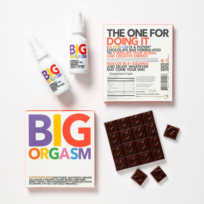 Eat Gold Organics BIG ORGASM chocolate bar, a potent functional and delicious chocolate accessory with rich, textured surface detail.