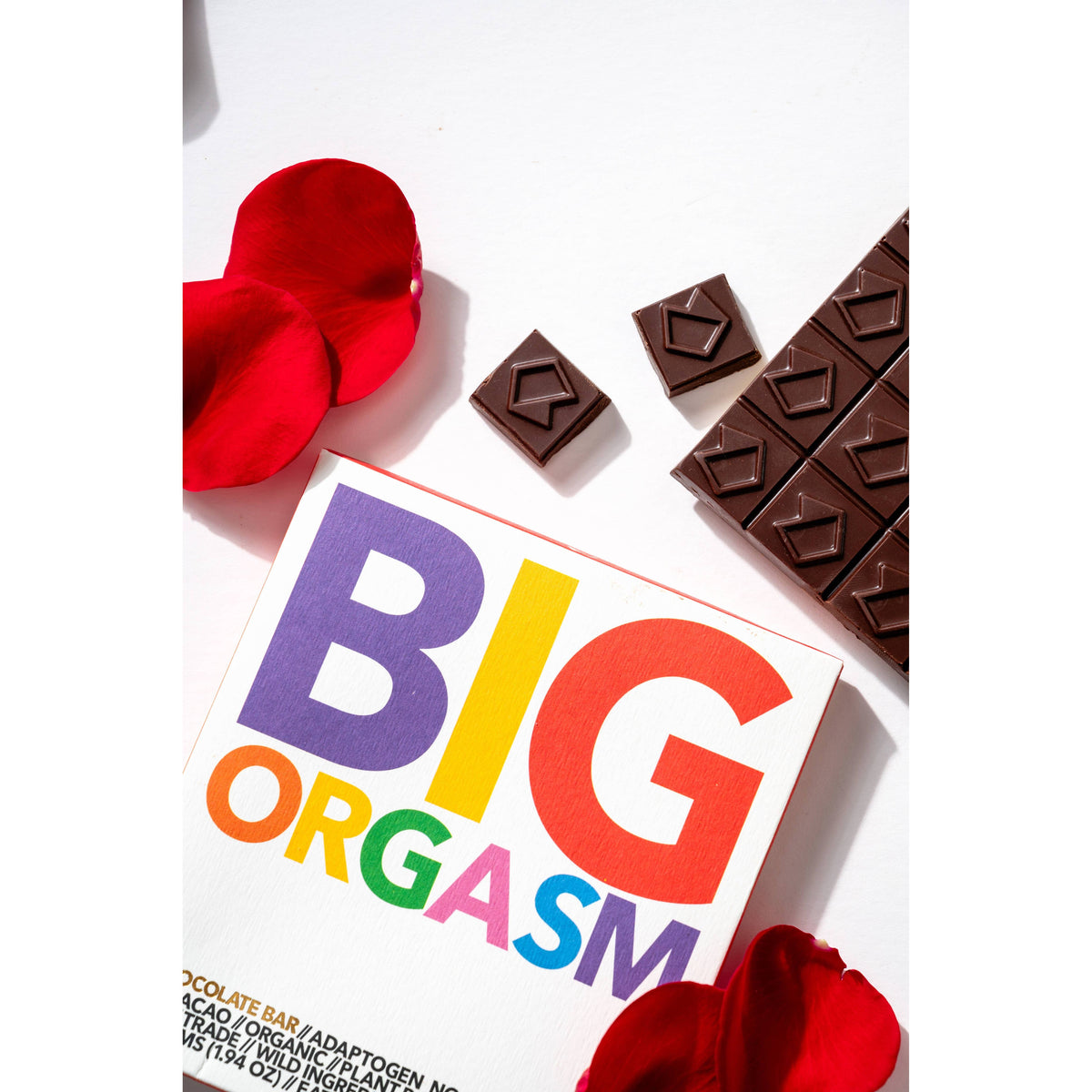 Eat Gold Organics BIG ORGASM chocolate bar, a potent and delicious functional accessory with rich, chocolatey texture.