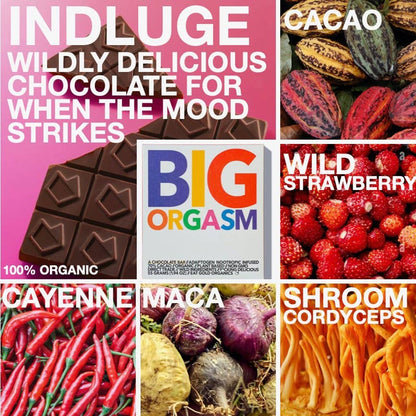 Eat Gold Organics BIG ORGASM chocolate bar, a potent functional and delicious accessory with rich chocolate texture.