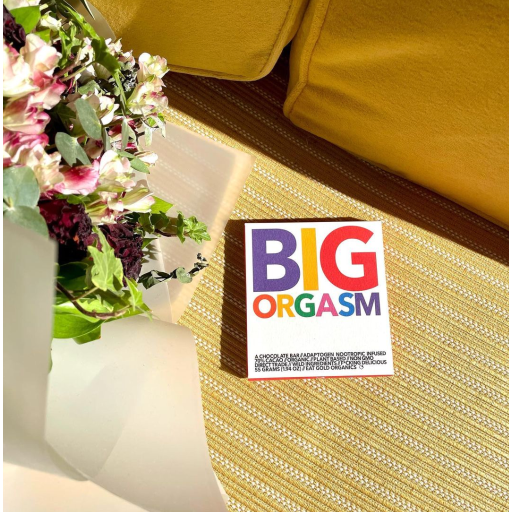 Eat Gold Organics BIG ORGASM chocolate bar, a potent functional and delicious treat with rich, smooth chocolate and natural ingredients.