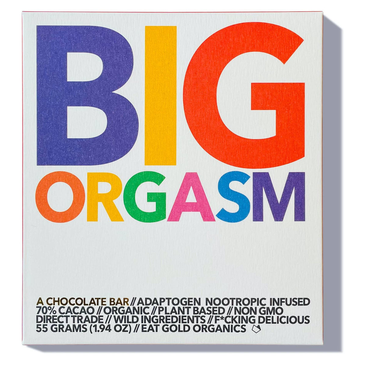 Eat Gold Organics BIG ORGASM chocolate bar, a potent functional and delicious edible accessory with rich chocolate texture.