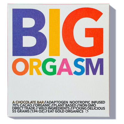 Eat Gold Organics BIG ORGASM chocolate bar, a potent functional and delicious edible accessory with rich chocolate texture.