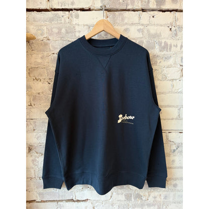 Men's navy Blythe Crew Neck Jumper by Barbour, featuring a classic knit design and ribbed collar and cuffs.