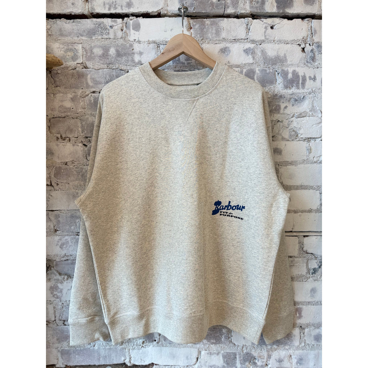 Men's Barbour Blythe crew neck jumper in neutral marl, soft knit with a classic fit and ribbed cuffs.