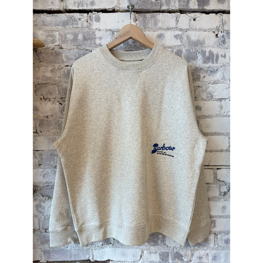 Barbour men's Blythe crew neck jumper in neutral marl, soft knit sweater with ribbed collar and cuffs, casual winter clothing.