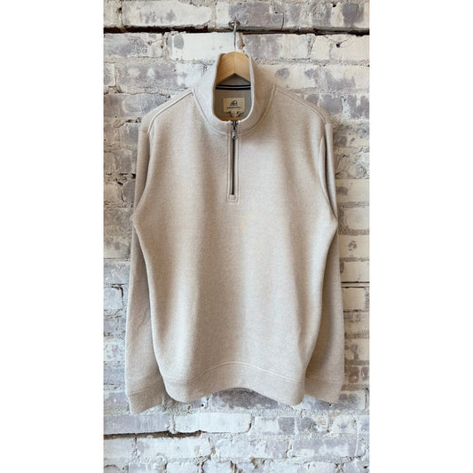 Men's Bobby Cashmist Fleece 1/4 Zip in taupe grey heather, made by Surfside Supply, shown in a close-up image.