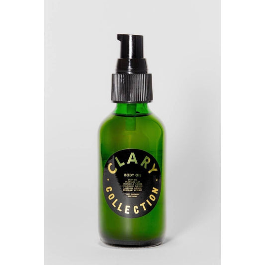 Clary Collection 2oz body oil bottle with pump, natural skincare accessory, clear label, and golden oil inside.