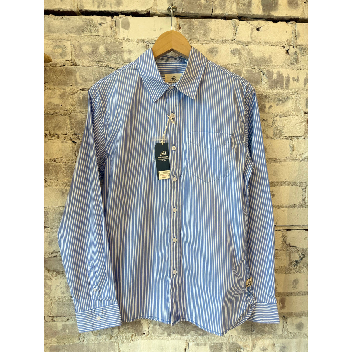 Men's Brian Cotton/Nylon Pinstripe Shirt in Wedgewood Blue by Surfside Supply, featuring a classic pinstripe design and tailored fit.