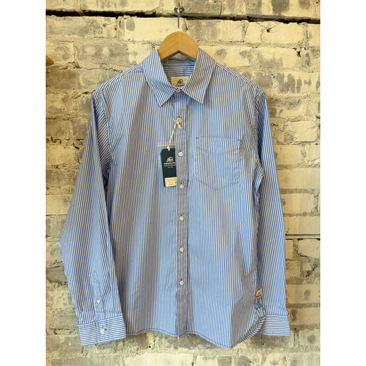 Men's Brian Cotton/Nylon Pinstripe Shirt in Wedgewood Blue by Surfside Supply, featuring a classic pinstripe pattern and collar.