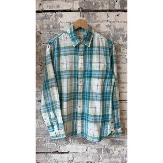 Men's blue plaid twill shirt by Surfside Supply, featuring a classic checkered pattern and button-down collar.