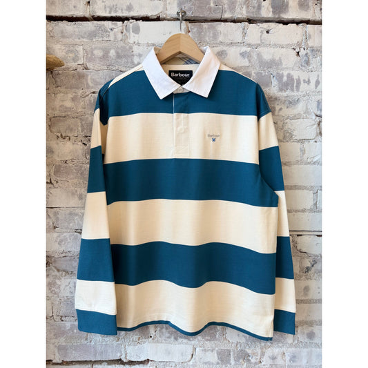 Men's Barbour Broome rugby shirt in midnight with white stripes, featuring a classic sports design and button collar.