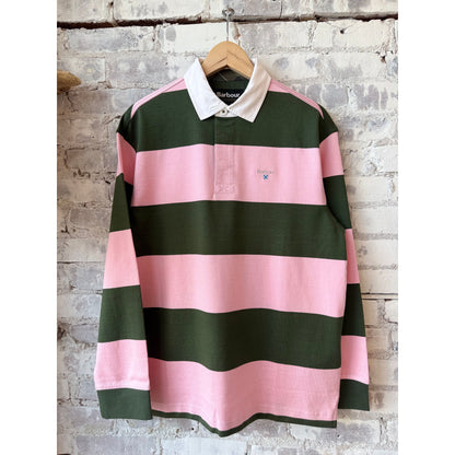 Men's Barbour Broome Rugby Shirt in pink stripe, featuring a classic rugby style with bold pink and white horizontal stripes.