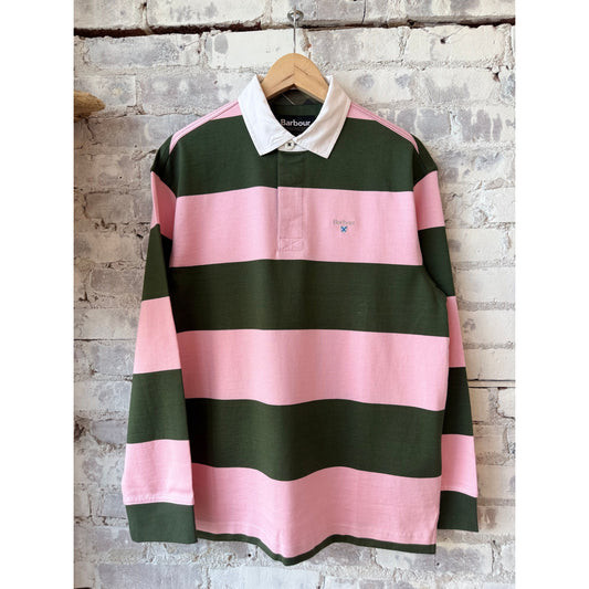 Men's Barbour Broome Rugby Shirt in pink and white stripes, casual short-sleeve rugby style for men.