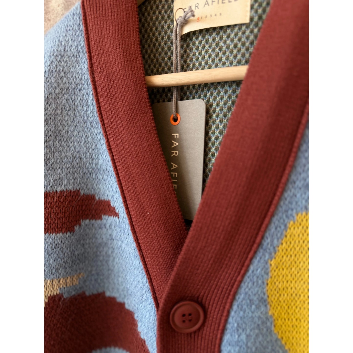 Men's Buckley Cardigan by Far Afield featuring a beach landscape design, with a relaxed fit and textured knit fabric.