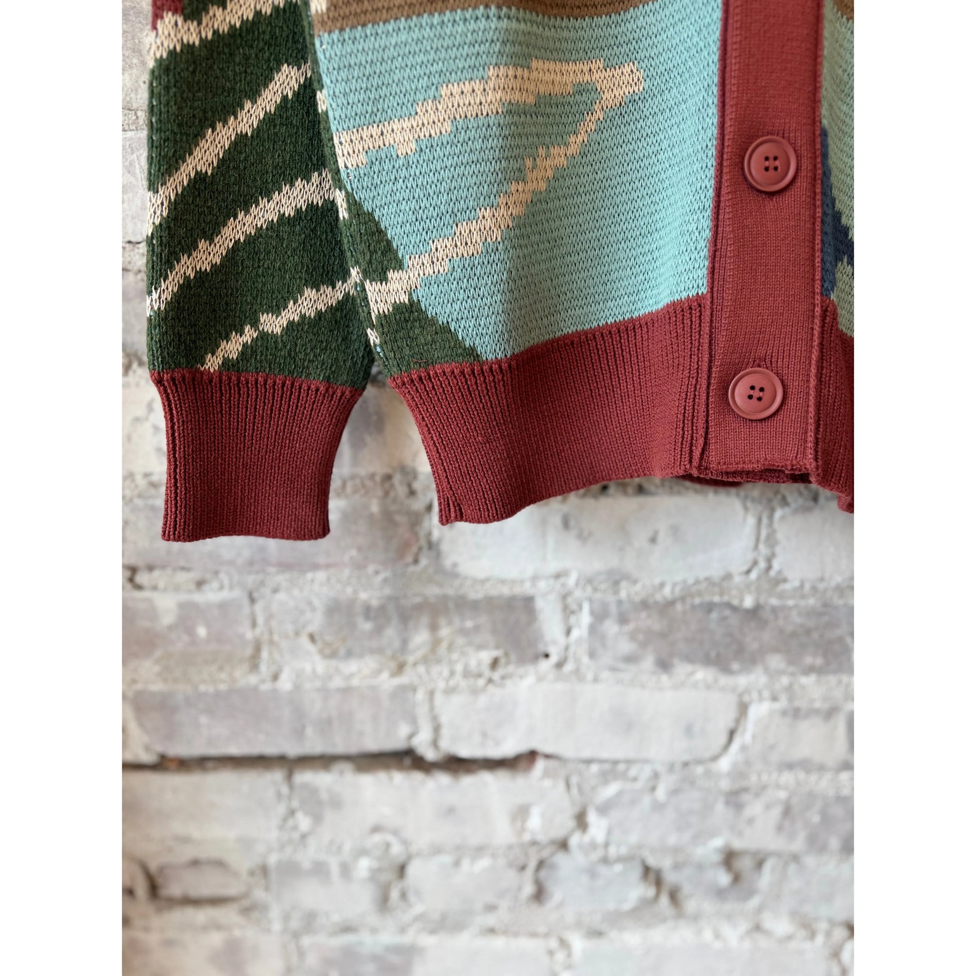Men's Buckley Cardigan by Far Afield featuring a beach landscape design, shown with a relaxed fit and soft knit fabric.