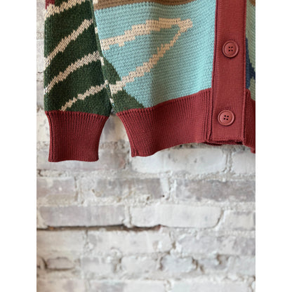 Men's Buckley Cardigan by Far Afield featuring a beach landscape design, shown with a relaxed fit and soft knit fabric.