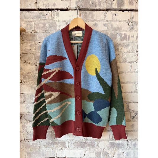 Men's Buckley Cardigan by Far Afield featuring a beach landscape pattern, cozy knit sweater with seaside-inspired design.