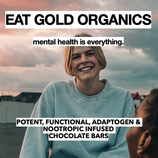 Eat Gold Organics Stay Sane chocolate bar accessory featuring a sleek, rich chocolate design with vibrant branding elements.