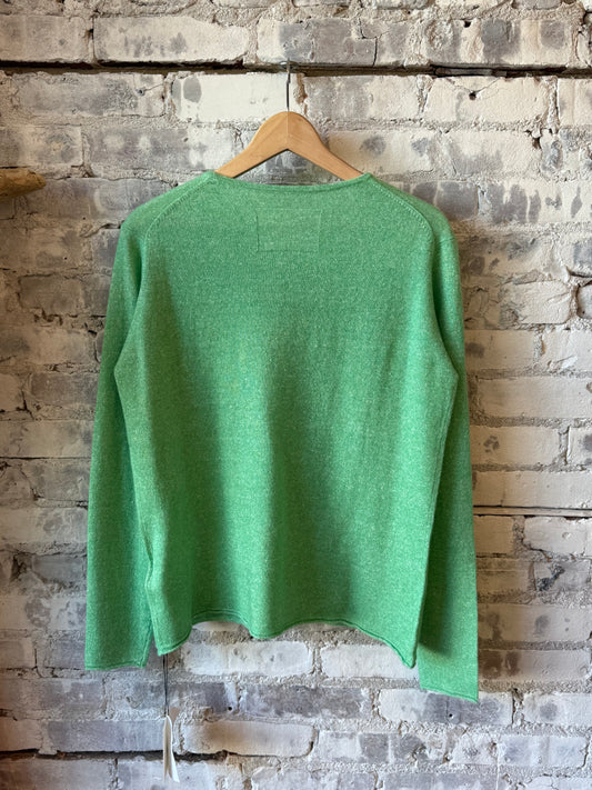 Women's green cashmere linen knit long-sleeve crew neck top by V::Room, soft and stylish for cozy, elegant wear.