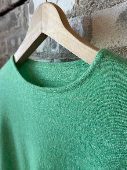 Women's green cashmere linen knit long-sleeve crew sweater by V::Room, soft and cozy, with a relaxed fit.