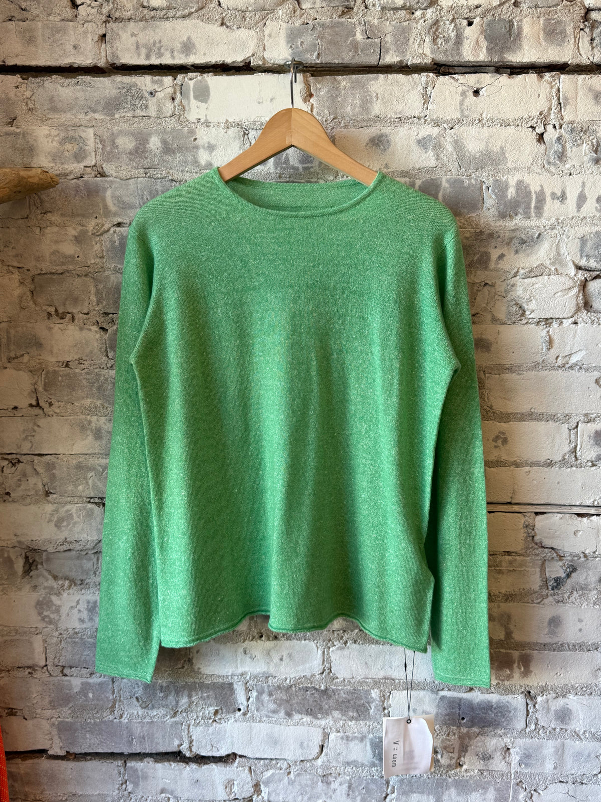 Women's green V::Room cashmere linen knit long-sleeve crew top, soft and stylish for comfortable everyday wear.