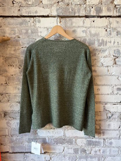 Women's olive V::Room cashmere linen knit long-sleeve crew top, soft and cozy with a relaxed fit.